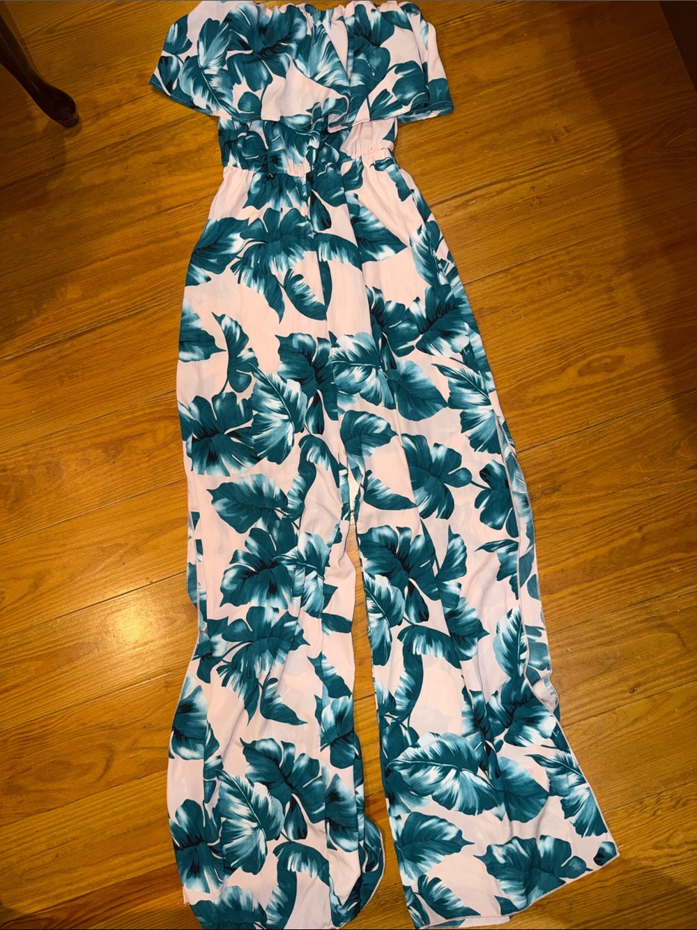 Blue Blush Teal Leaf Print Off-Shoulder Wide-Leg Jumpsuit